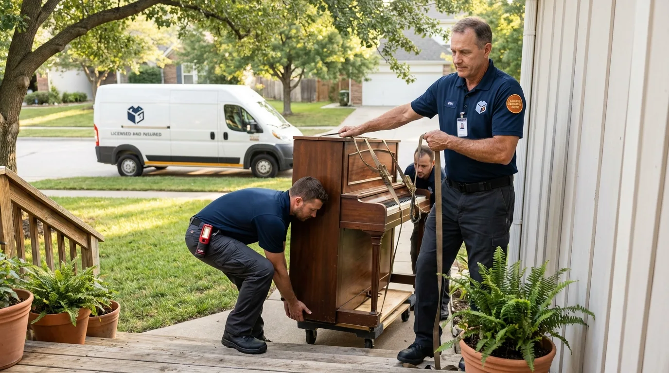Licensed piano movers securing grand piano in Pompano Beach, FL