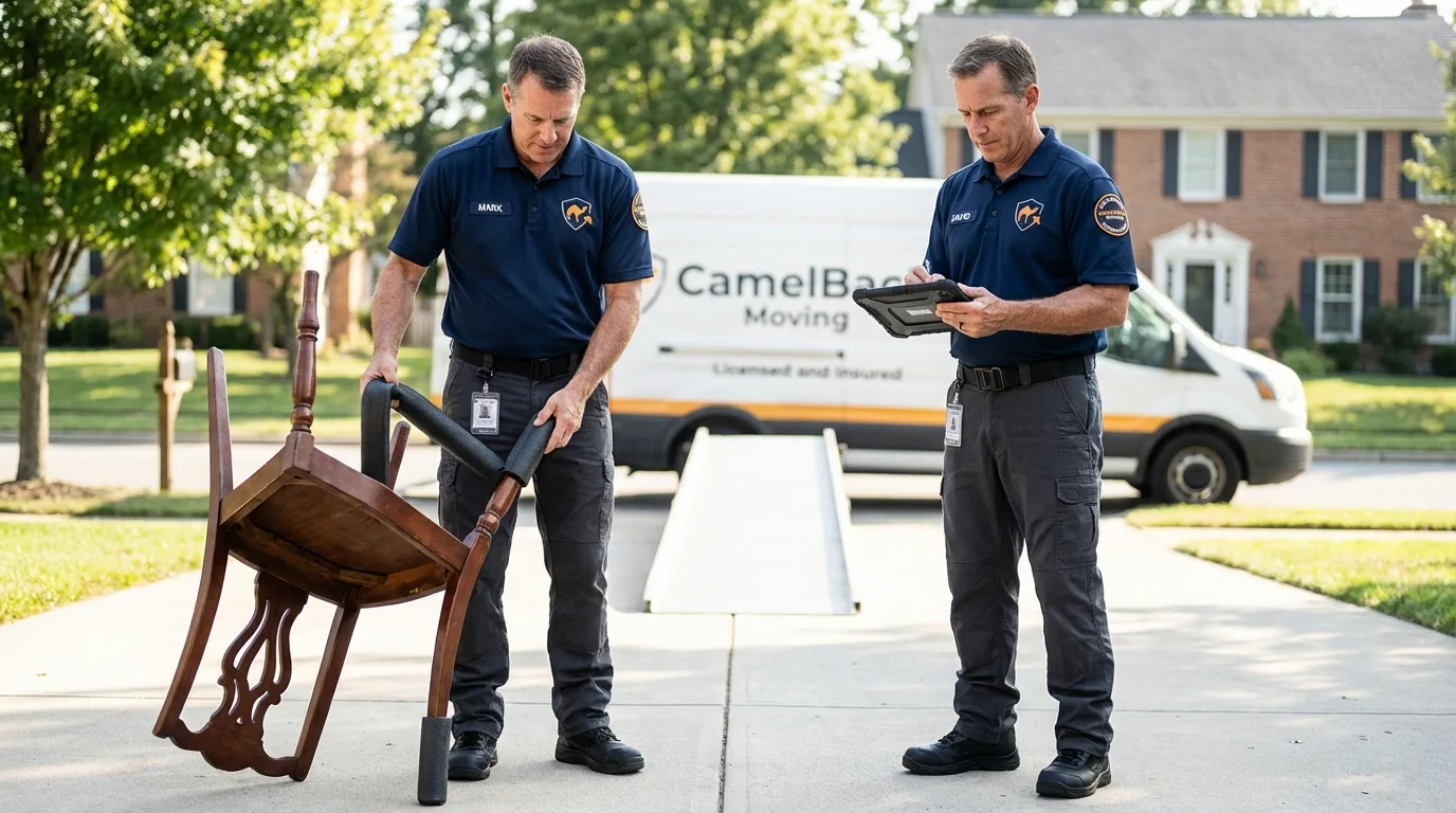 Movers inspecting furniture for damage prevention before loading in Pompano Beach, FL