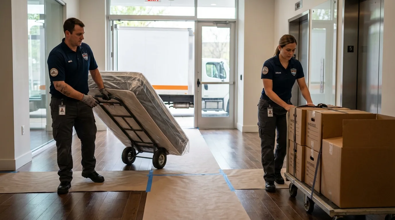 Professional apartment movers loading elevator in Pompano Beach, FL