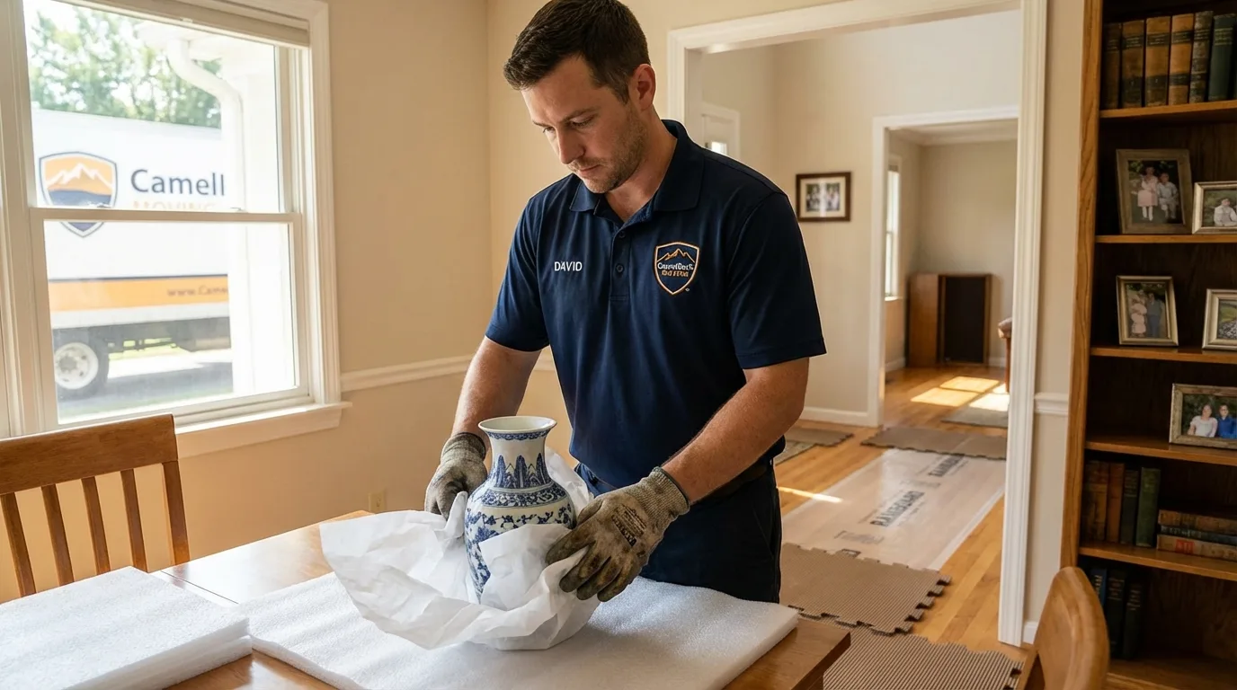 Professional crew carefully wrapping antique vase for senior downsizing move in Pompano Beach, FL